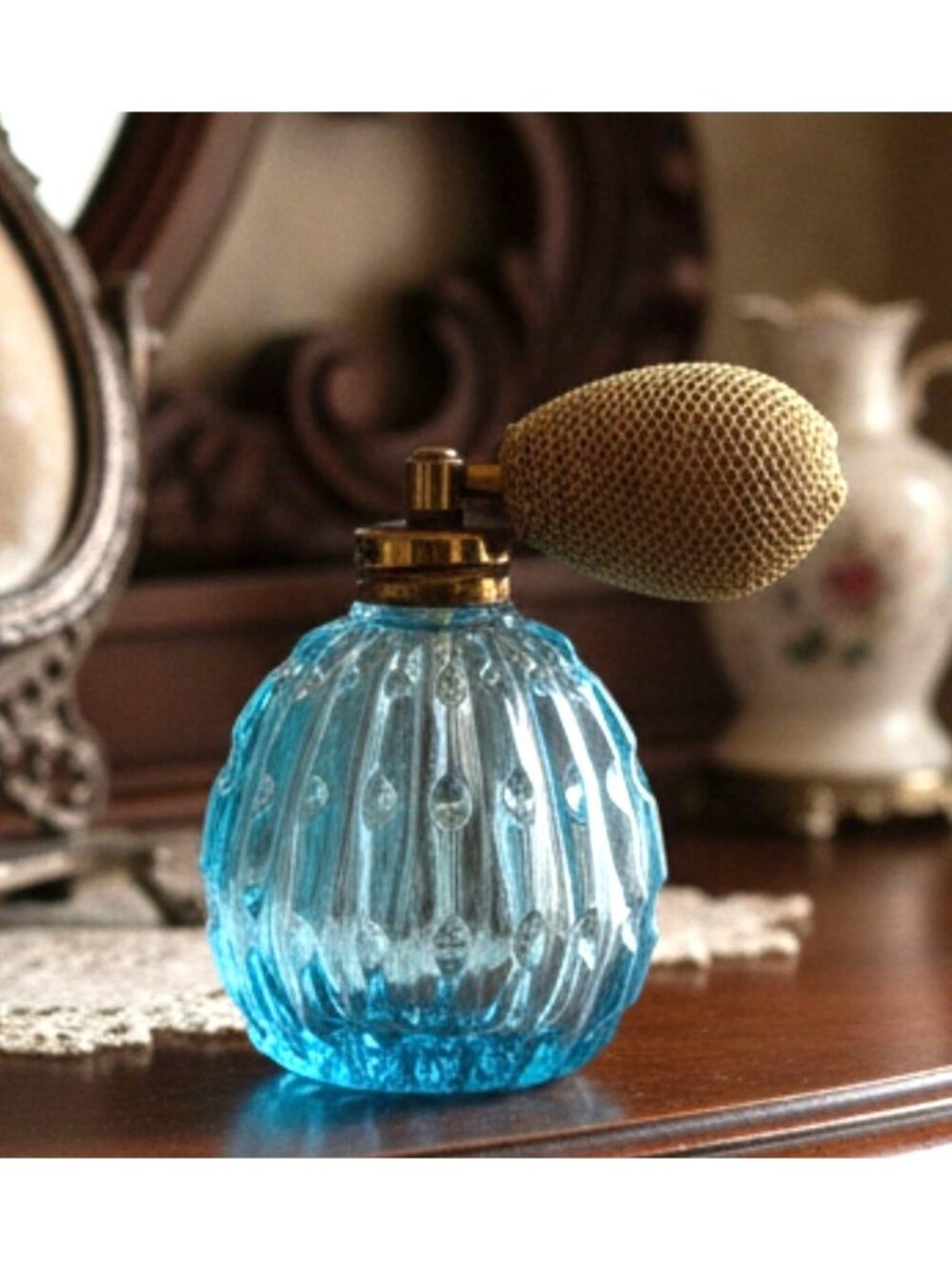 Vintage I. Rice Perfume Bottle from the 1960s, Aqua glass with droplets and gold